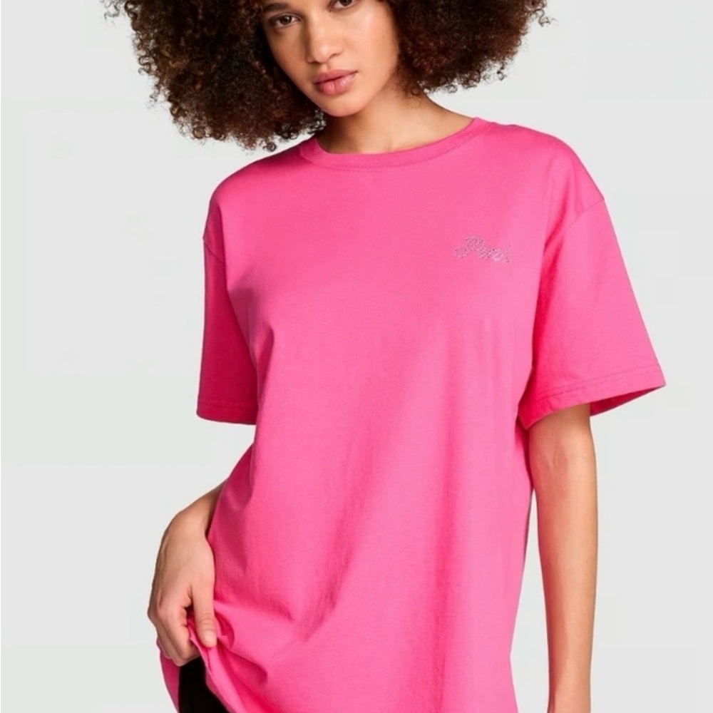 Set!VS PINK Carmine Rose Bling Campus Tee/Matching Bling Foldover Flare Legging